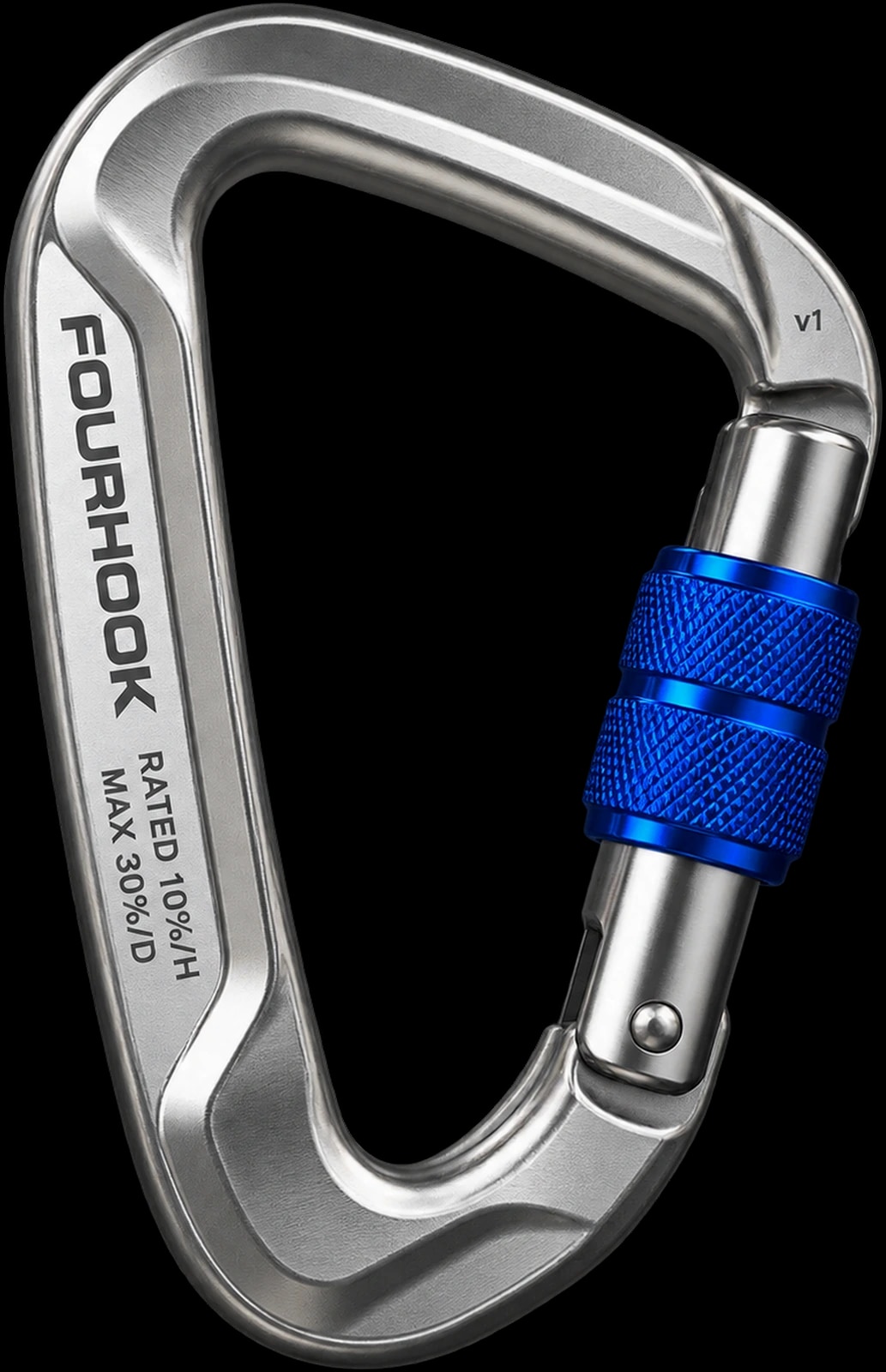 An aluminium locking carabiner engraved FOURHOOK, rated 10% per hour, max 30% per day